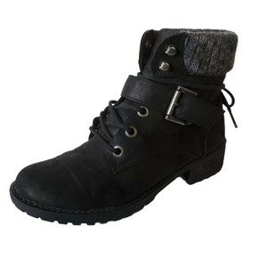 Skechers Womens Winter Boots Size 7.5 Leather Black Lace Up Chunky Block Heels